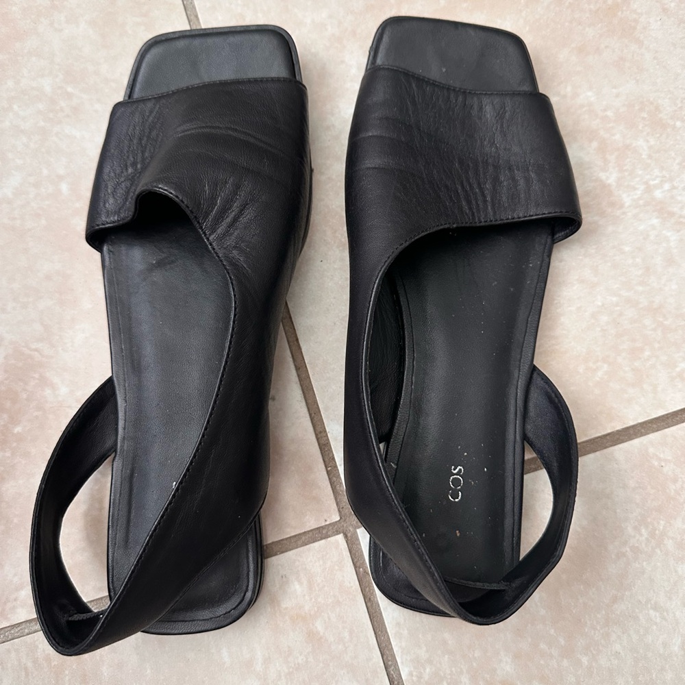 COS Black Leather Slingback Sandals Square Toe Minimalist Size 40